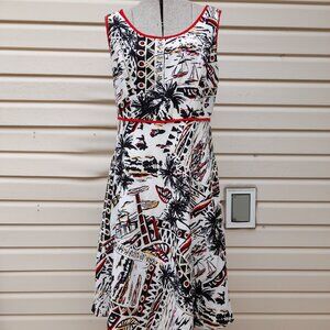 Tropical Linen Dress Size 8 37" Bust Alexandra Bartlett White Red Black